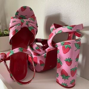 Sugar Thrillz x Dolls Kill Strawberry Print Pink Platform Heels